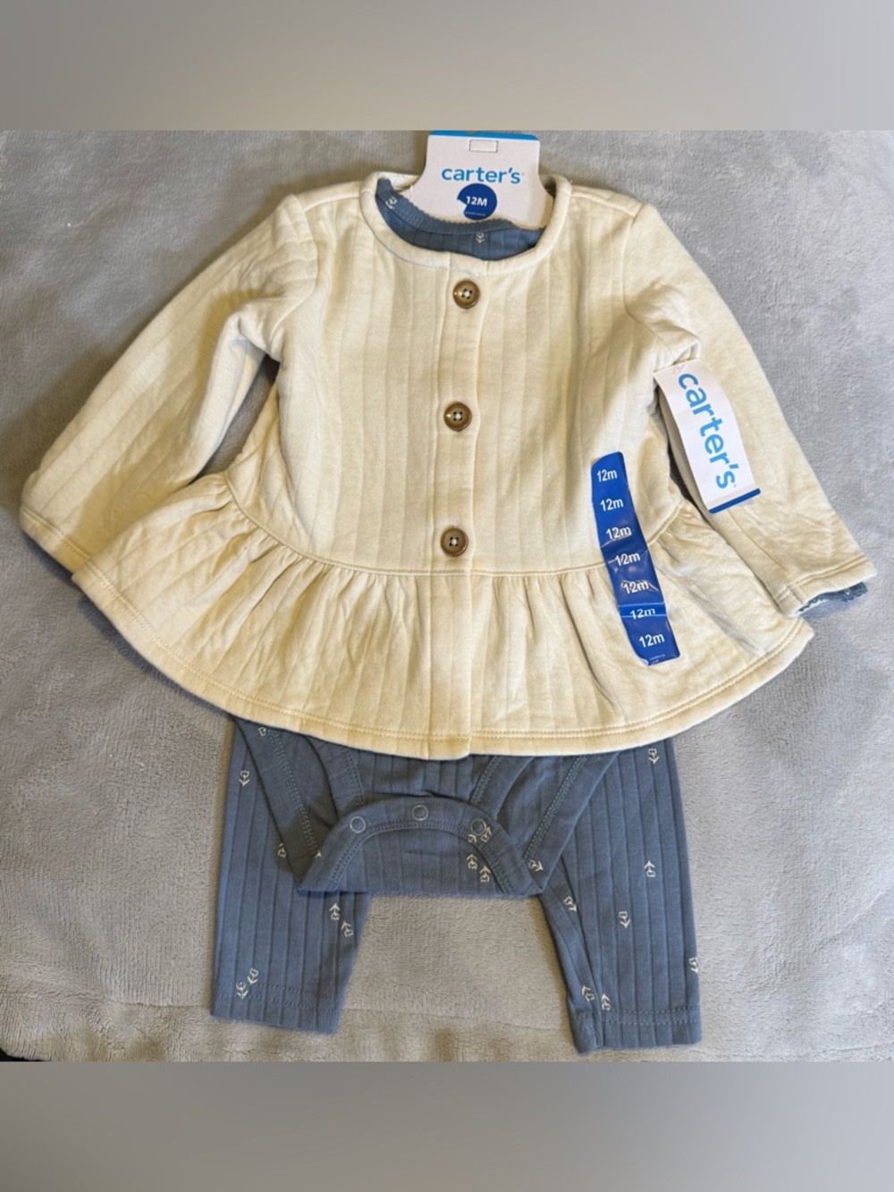 Carter's Baby Girls Cream Peplum Top with Blue Ribbed Bodysuit Set
